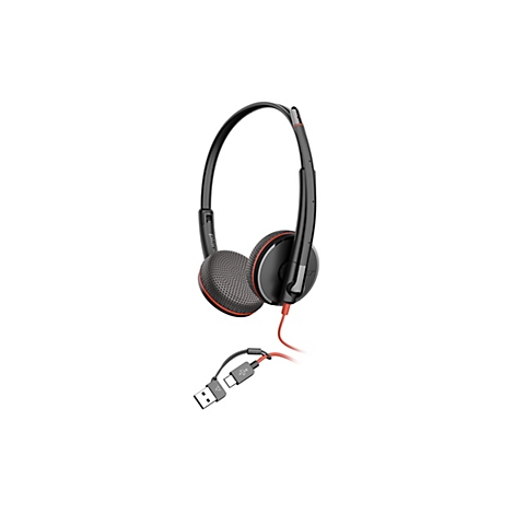 Schwarzes On-Ear-Headset mit rotem Kabel und USB-A sowie USB-C Anschlüssen vor weißem Hintergrund.