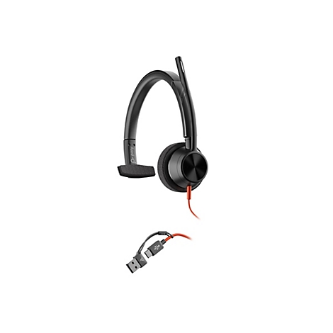 Schwarzes Poly Headset mit einem Ohrpolster, Mikrofonarm und einem orangen USB-A und USB-C Kabel.