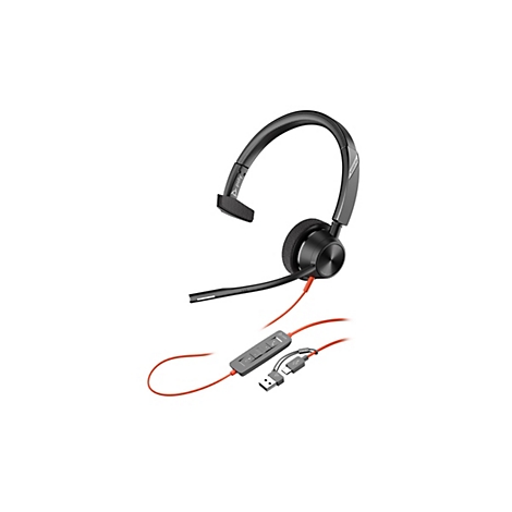 Schwarzes Poly Headset mit einseitigem Ohrpolster, Mikrofonarm, Kabelfernbedienung und USB-C/USB-A Anschluss.