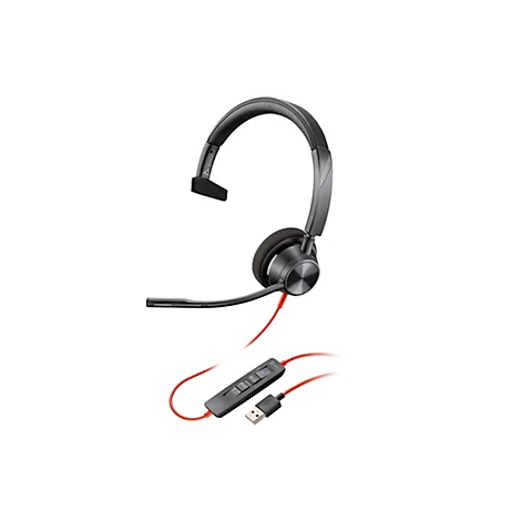 Schwarzes Headset mit rotem Kabel und USB-Anschluss. Details: Ohrmuschel, Mikrofon, Lautstärkeregler.