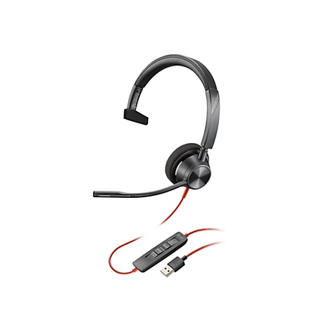 Ein schwarzes Headset mit rotem Kabel und integrierter Steuerung, vor weißem Hintergrund. Das Headset hat ein Mikrofon, einen Ohrhörer und einen verstellbaren Kopfbügel.