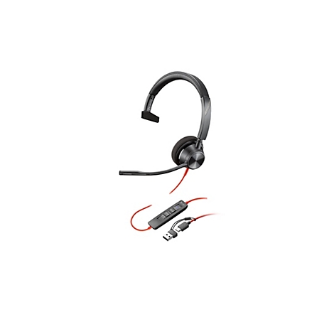 Ein schwarzes Headset mit rotem Kabel und integrierter Steuerung. Das Headset ist vor weißem Hintergrund abgebildet.