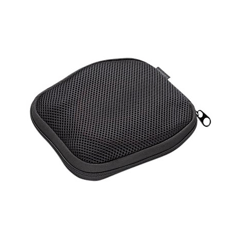 Schwarze, gepolsterte Tasche mit Reißverschluss und Mesh-Oberfläche, isoliert auf weißem Hintergrund.
