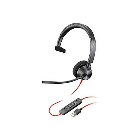 Ein schwarzes Headset mit rotem Kabel und USB-Anschluss. Das Headset hat ein Mikrofon und einen Lautstärkeregler.
