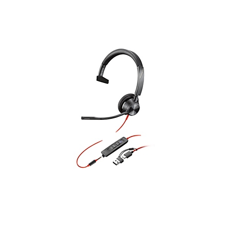 Schwarzes einseitiges Poly Headset mit rotem Kabel, Mikrofonarm und einer Kabelfernbedienung mit USB-C und USB-A Anschlüssen.
