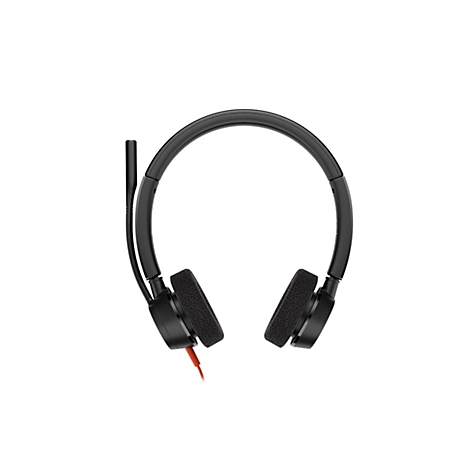 Schwarzes On-Ear-Headset mit einem Mikrofonarm auf der linken Seite und einem orangefarbenen Kabel.