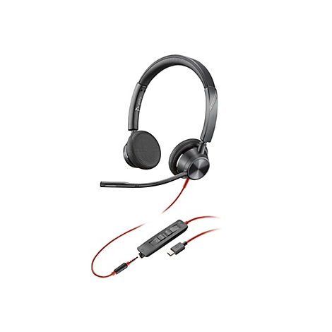 Schwarzes Headset mit rotem Kabel und integrierter Steuerung. Das Headset liegt vor weißem Hintergrund.