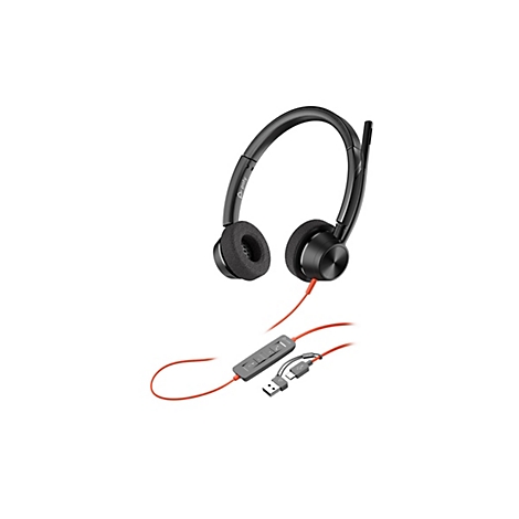 Schwarzes Poly Headset mit orangefarbenem Kabel und integrierter Fernbedienung vor weißem Hintergrund.