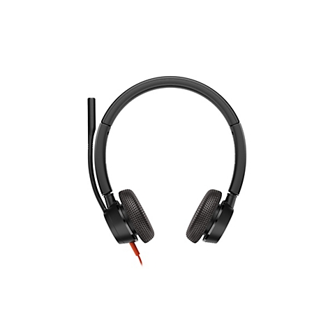 Schwarzes On-Ear-Headset mit Kopfbügel, perforierten Ohrpolstern und einem ausklappbaren Mikrofonarm vor weißem Hintergrund.