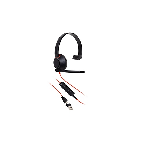 Schwarzes Poly Headset mit rotem Kabel, Mikrofonarm und USB-Anschluss vor weißem Hintergrund.