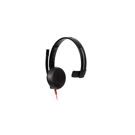 Schwarzes Poly On-Ear-Headset mit einem Mikrofonarm und rotem Kabel vor weißem Hintergrund.