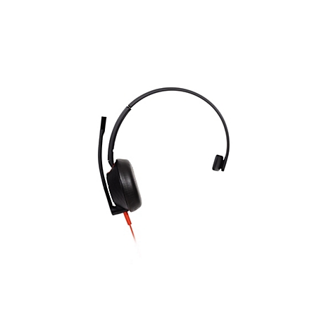 Schwarzes Headset mit klappbarem Mikrofon und rotem Kabel vor weißem Hintergrund.