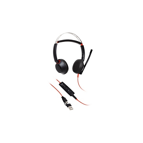 Schwarzes Poly Headset mit rotem Kabel, Mikrofonarm und USB-Stecker vor weißem Hintergrund.