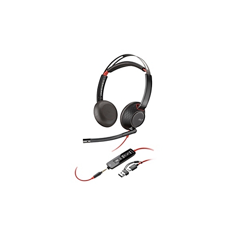 Schwarzes Plantronics Headset mit rotem Kabel und integrierter Bedieneinheit vor weißem Hintergrund.