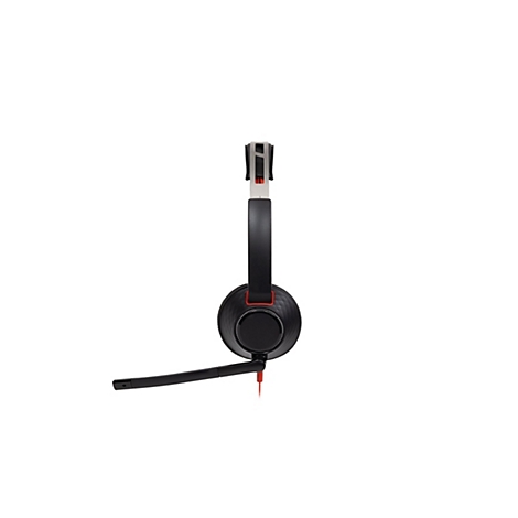 Schwarzes Headset mit Mikrofonarm in Seitenansicht vor weißem Hintergrund.