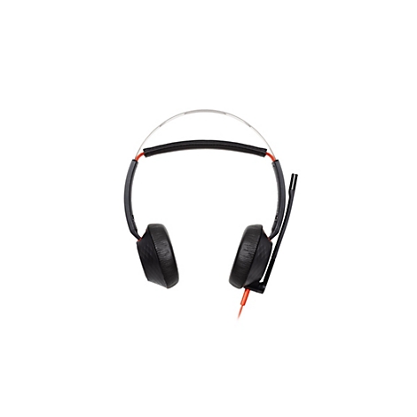 Schwarzes Gaming-Headset mit orangefarbenen Akzenten und Bügelmikrofon vor weißem Hintergrund.