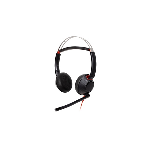 Schwarzes Poly Headset mit Bügelmikrofon und silbernem Kopfband vor weißem Hintergrund.