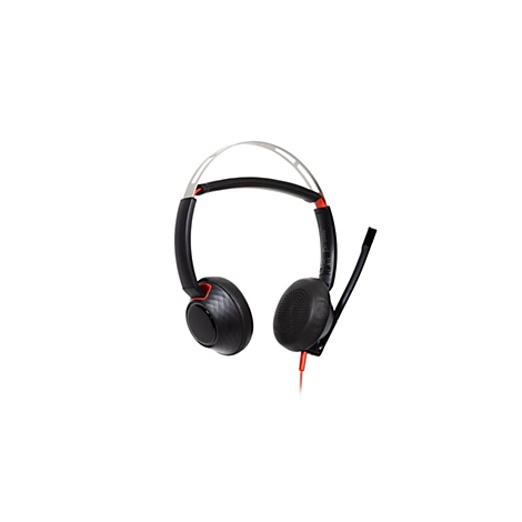 Schwarzes Poly Headset mit Kopfbügel aus Metall, Ohrmuscheln und ausklappbarem Mikrofonarm vor weißem Hintergrund.