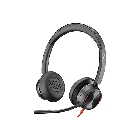 Schwarzes Poly Blackwire 8225 Headset vor weißem Hintergrund. Das Headset hat ein Mikrofon mit rotem Kabel.