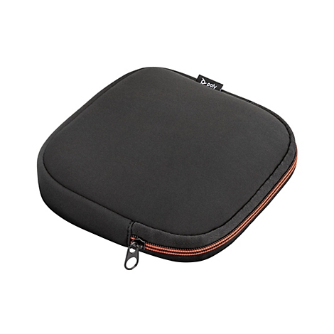 Schwarzes Etui mit Reißverschluss und orangefarbenen Akzenten. Kleiner, weißer Poly-Schriftzug.