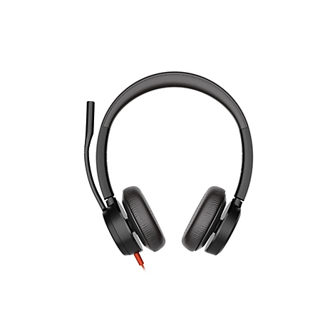 Schwarzes On-Ear-Headset mit Kopfbügel und Mikrofonarm vor weißem Hintergrund.