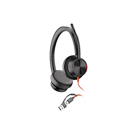 Schwarzes Poly Blackwire Headset mit Mikrofonarm und Kabel mit USB-A sowie USB-C Anschluss vor weißem Hintergrund.