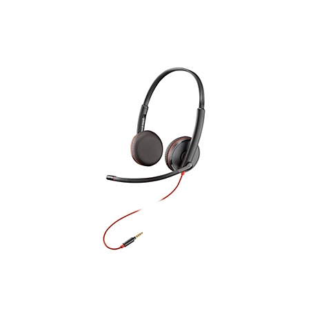 Schwarzes Headset mit rotem Kabel und Klinkenstecker. Schwarzer Bügel, graue Ohrmuscheln mit rotem Rand, Mikrofon.