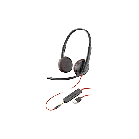 Schwarzes Plantronics-Headset mit rotem Kabel und integrierter Steuerung. Ohrmuscheln aus Mesh, Mikrofonarm links.