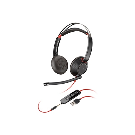 Schwarzes Plantronics Headset mit roter Akzentfarbe. Das Headset ist mit einem Mikrofon, Bedienelementen und einem USB-Anschluss ausgestattet.
