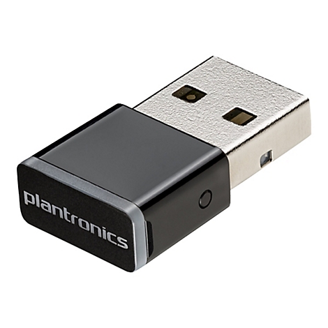 Ein schwarzer Plantronics USB-Dongle mit glänzender Oberfläche und silbernem USB-Stecker. Auf der Seite steht "Plantronics".