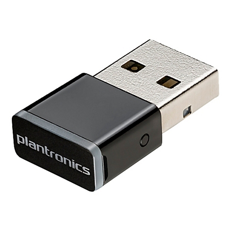 Ein schwarzer Plantronics USB-Dongle mit glänzender Oberfläche. Das Plantronics-Logo ist gut sichtbar.