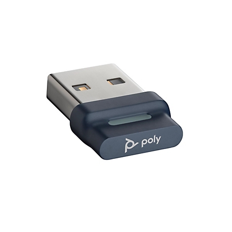 Ein USB-Adapter von Poly, blau und grau, mit Firmenlogo.