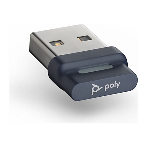Ein dunkelblau-grauer USB-Adapter mit Poly-Logo. Auf hellem Hintergrund.