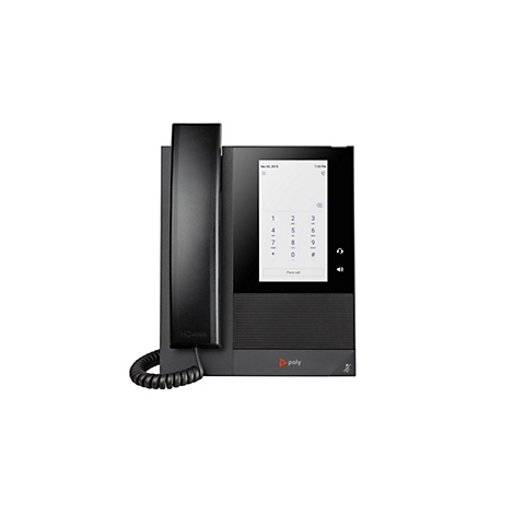Ein schwarzes Tischtelefon mit einem integrierten Bildschirm, Telefonhörer und Zifferntasten vor einem weißen Hintergrund.