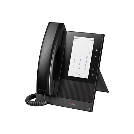 Schwarzes Festnetztelefon mit Display, Datum und Zifferntasten, Kabel und HD Voice-Logo, auf weißem Hintergrund.