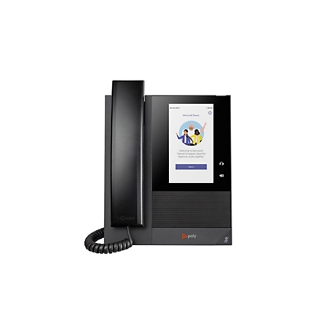 Schwarzes Tischtelefon mit Touchscreen. Auf dem Bildschirm ist das Microsoft Teams-Logo zu sehen, mit dem Text „Willkommen bei Microsoft Teams! Ein glücklicherer Ort für Teams zur Zusammenarbeit“.