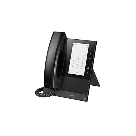 Schwarzes Festnetztelefon mit Display, Zifferntasten und Freisprechfunktion. Auf dem Bildschirm werden Datum und Uhrzeit sowie eine Wähltastatur angezeigt.