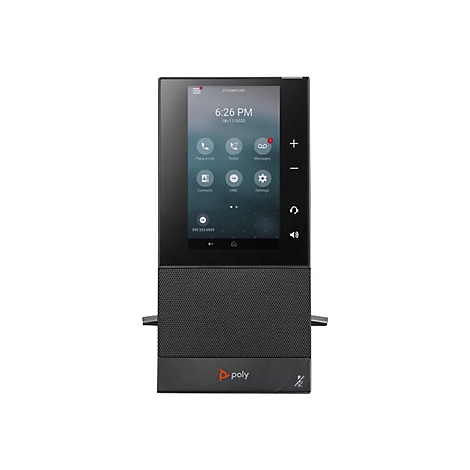 Schwarzes Poly-Videotelefon mit Touchscreen, Uhrzeit 18:26 Uhr, Symbole, Logo und Mute-Taste.
