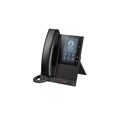 Schwarzes Festnetztelefon mit Display, auf dem eine Telefonnummer und Gesprächsoptionen angezeigt werden. Poly-Logo unten.