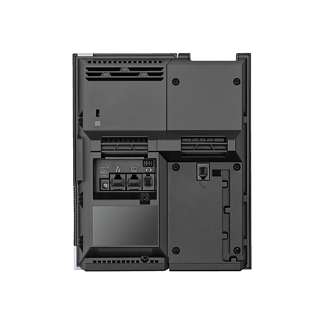 Rückseite eines schwarzen elektronischen Geräts mit verschiedenen Anschlüssen und Lüftungsschlitzen. Einzelheiten umfassen RJ45, USB, 48V-Eingang und Telefonanschluss.