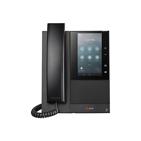Ein schwarzes Tischtelefon mit Touchscreen. Auf dem Bildschirm sind Uhrzeit, verpasste Anrufe und App-Icons zu sehen. Ein Hörer mit Spiralkabel ist am Telefon angebracht.
