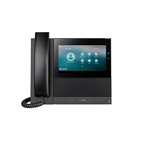 Schwarzes Bürotelefon mit Touchscreen, auf dem ein Anrufbildschirm und App-Symbole angezeigt werden. Auf dem Telefon steht "HDvoice".