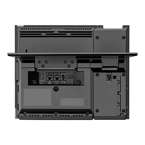 Detailaufnahme der Rückseite eines schwarzen Kommunikationsgeräts mit Anschlüssen und Knöpfen. Der Fokus liegt auf den Anschlüssen für Strom, Ethernet und Headset.
