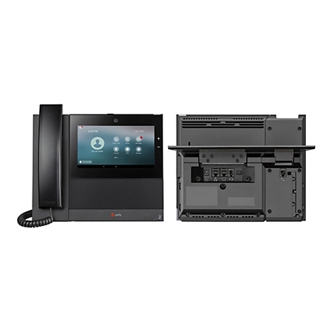 Schwarzes Poly-Telefon mit Touchscreen. Auf dem Display werden Uhrzeit, Datum und Menüoptionen angezeigt. Auf der Rückseite sind mehrere Anschlüsse.