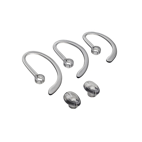 Draufsicht auf drei graue Ohrbügel und zwei Ohrstöpsel. Einzelteile für Kopfhörer.