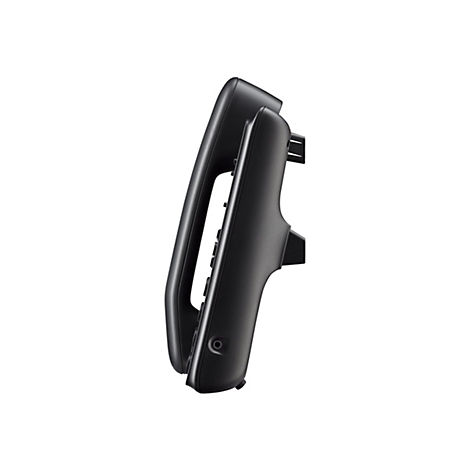 Ein schwarzes Telefon, teilweise im Profil, vor weißem Hintergrund. Der Hörer ist deutlich sichtbar.
