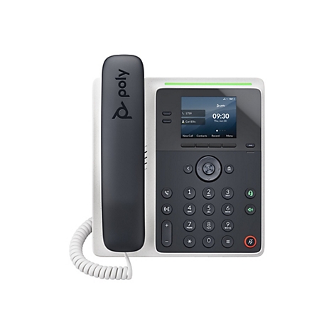 Ein Festnetztelefon von Poly mit schwarzem Hörer und Bedienfeld, Display mit Uhrzeit. Das Telefon hat eine weiße Sprenkelfläche.