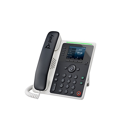 Festnetztelefon Poly, graues Gehäuse, schwarzer Hörer, Display mit Uhrzeit und Kontakten.