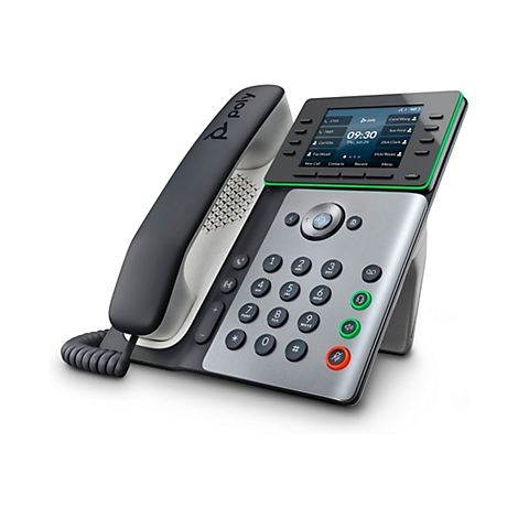 Ein graues Tischtelefon mit Display. Das Display zeigt Informationen wie Uhrzeit und Anrufer. Das Telefon hat eine schwarze Hörmuschel, ein graues Gehäuse und grüne Akzente.