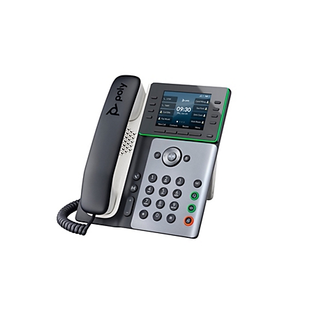 Ein graues Tischtelefon mit Display und grün umrandetem Bildschirm, Hörersymbol, Zifferntasten, Poly-Logo.